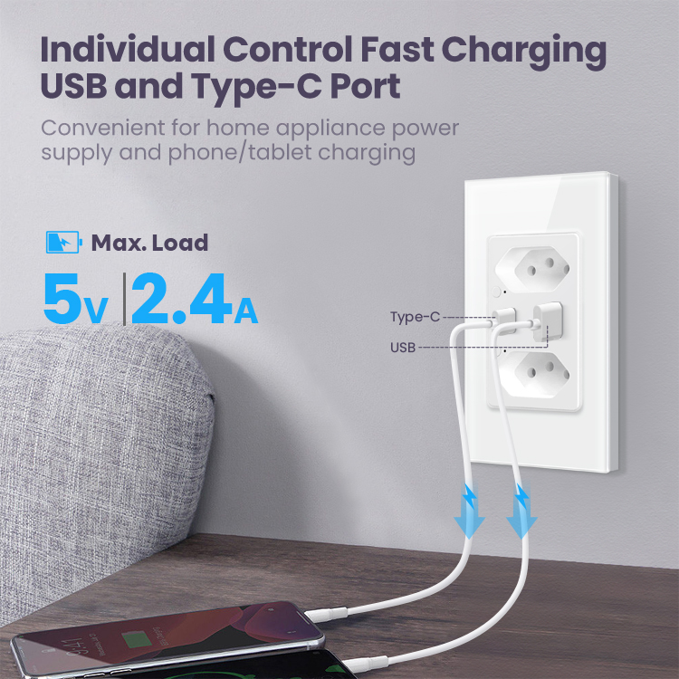 Brazil 110-240V 3680W Smart Power Socket Plug Wifi Tuya Smart Wall Socket Type C work with APP Alxa Google Home Voice Control