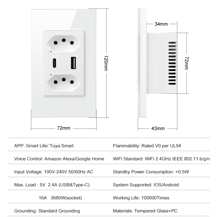 Brazil 110-240V 3680W Smart Power Socket Plug Wifi Tuya Smart Wall Socket Type C work with APP Alxa Google Home Voice Control